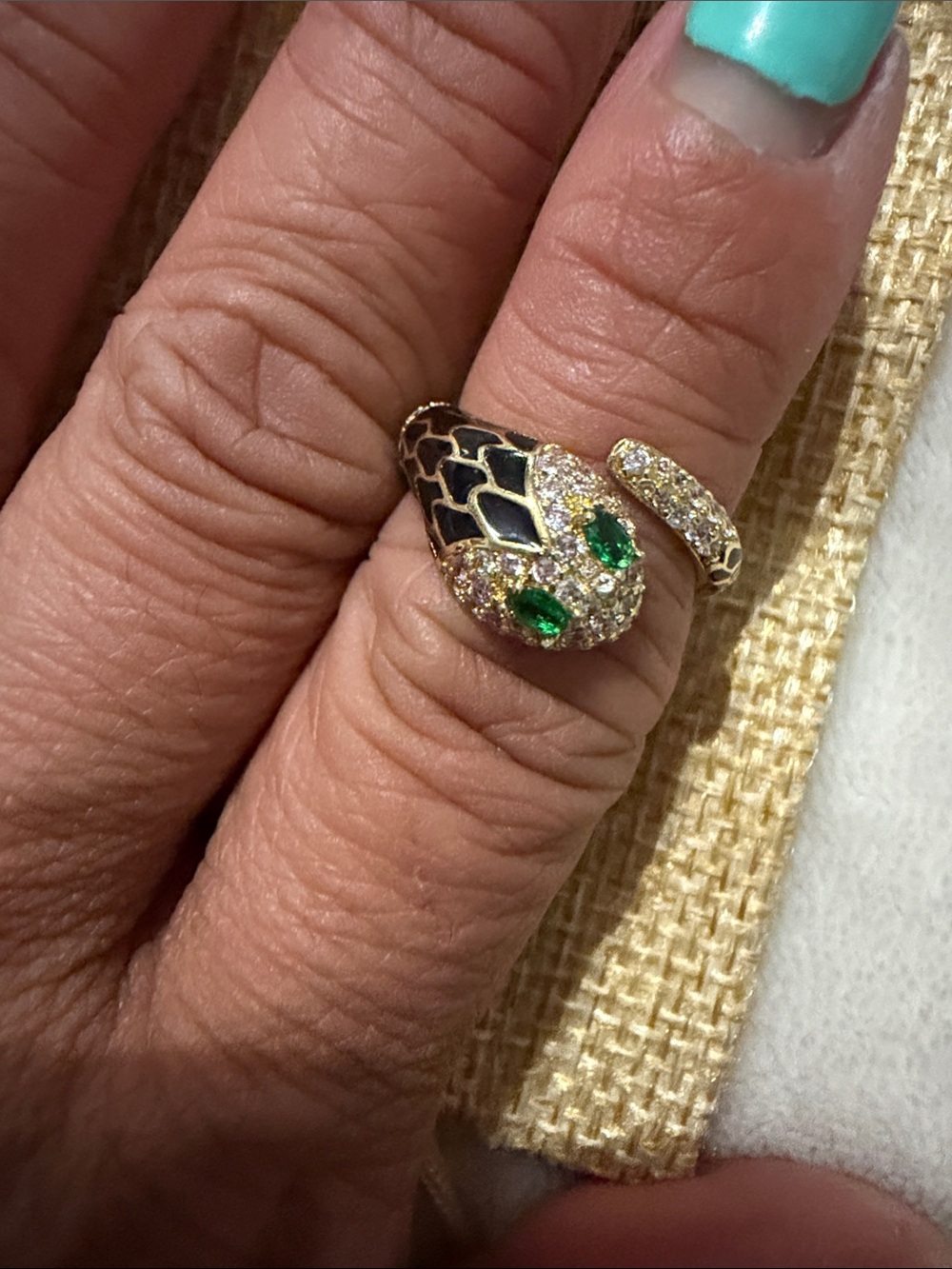 Gold Snake Ring size 7 with Green Gemstone Eyes - Fashion Jewelry